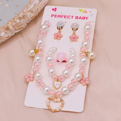 Children Kids Baby Fashion Girls Heart Pearl Bead Necklace Bracelet Earrings Set