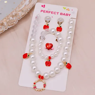Children Kids Baby Fashion Girls Heart Pearl Bead Necklace Bracelet Earrings Set