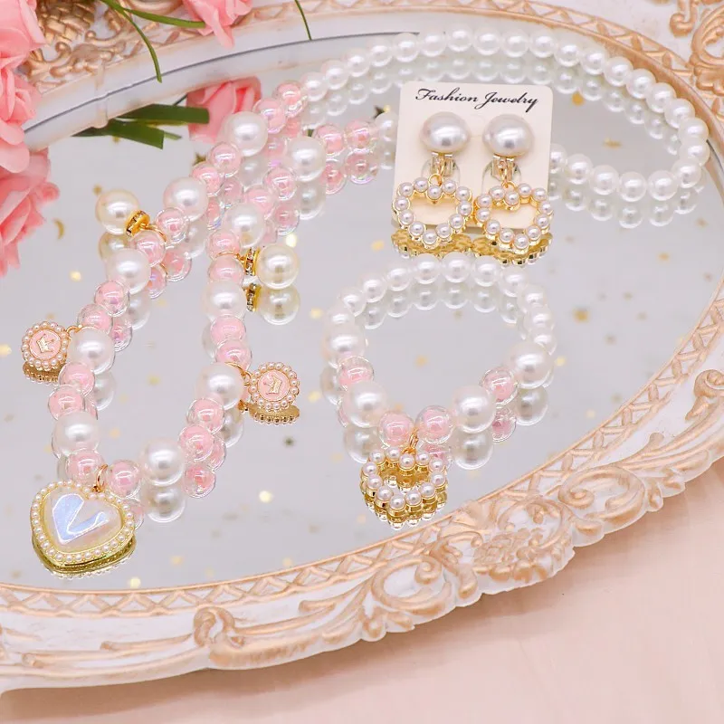 Children Kids Baby Fashion Girls Heart Pearl Bead Necklace Bracelet Earrings Set