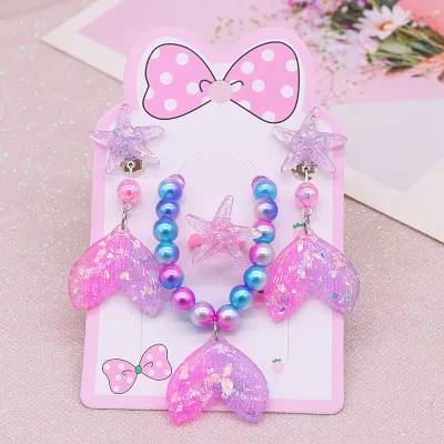 Children Kids Baby Fashion Girls Cartoon Fishtail Bead Necklace Bracelet Earrings Set