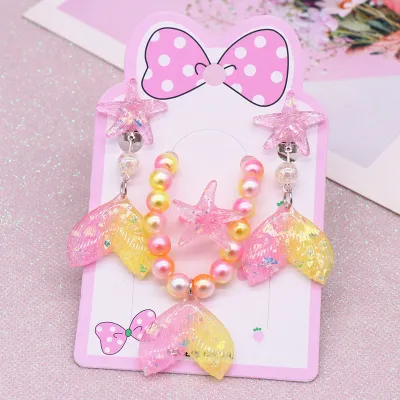 Children Kids Baby Fashion Girls Cartoon Fishtail Bead Necklace Bracelet Earrings Set
