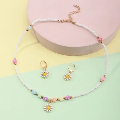 Children Kids Baby Fashion Girls Flower Bead Necklace Earrings Set