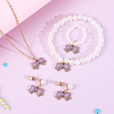 Kids Baby Girls Pearl Alloy Drip Oil Bow Knot Necklace Bracelet Ring Earrings Set Toy