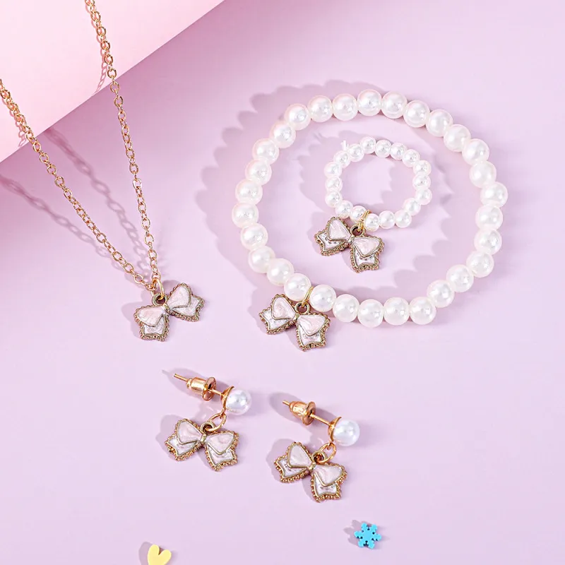 Kids Baby Girls Pearl Alloy Drip Oil Bow Knot Necklace Bracelet Ring Earrings Set Toy