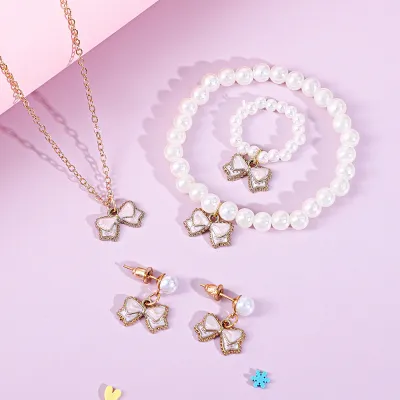 Children Kids Baby Fashion Girls Pearl Cute Alloy Drip Oil Bow Knot Necklace Bracelet Ring Earrings