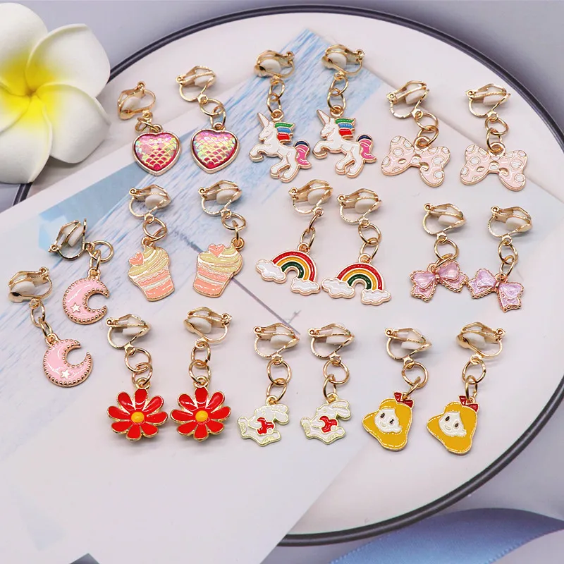Children Kids Baby Girls Fashion Cartoon Alloy Dripping Oil Earrings Ear Clips