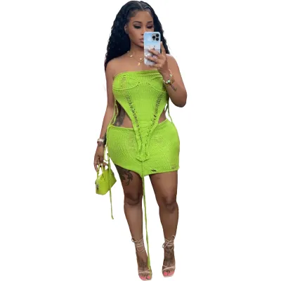 Women Sexy Fashion Solid Color Triangle Hemline Knitted Tube Top And Skirt Set