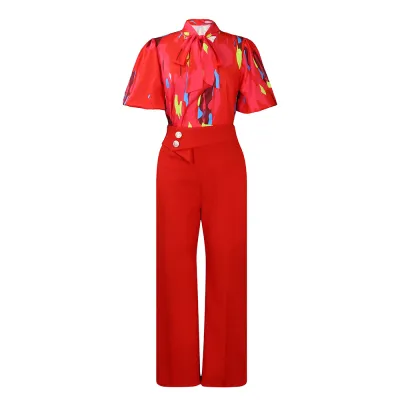 Women's Commuter Printing Blouse and Pants Set - Plus Size