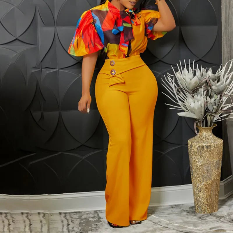 Women's Commuter Printing Blouse and Pants Set - Plus Size