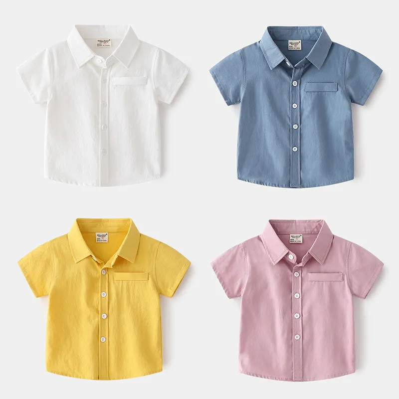Kids Boys Casual Short Sleeve Solid Color Lapel Cotton Shirt