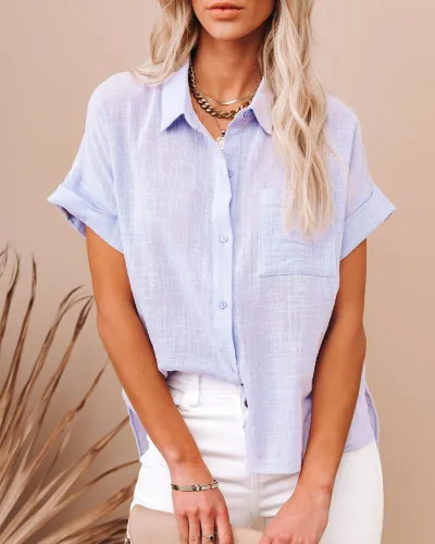 Women Casual Cotton Solid Color Short Sleeve Buttoned Knotted Blouse
