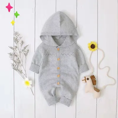 Toddlers Newborn Baby Unisex Casual Basic Long Sleeve Solid Color Hooded Knitted Jumpsuit with Rabbit Fur