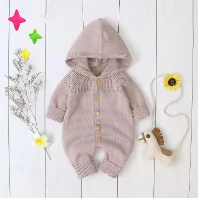 Toddlers Newborn Baby Unisex Casual Basic Long Sleeve Solid Color Hooded Knitted Jumpsuit with Rabbit Fur