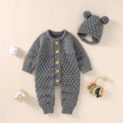 Toddlers Newborn Baby Unisex Casual Basic Long Sleeve Solid Color Hooded Knitted Jumpsuit with Rabbit Fur