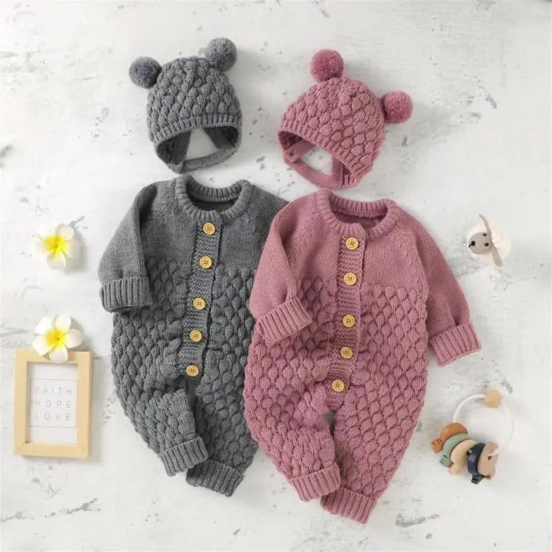 Toddlers Newborn Baby Unisex Casual Basic Long Sleeve Solid Color Hooded Knitted Jumpsuit with Rabbit Fur