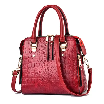 Women Fashion Elegant PU Solid Color Stone Grain Zipper Clutch Shoulder Handbag