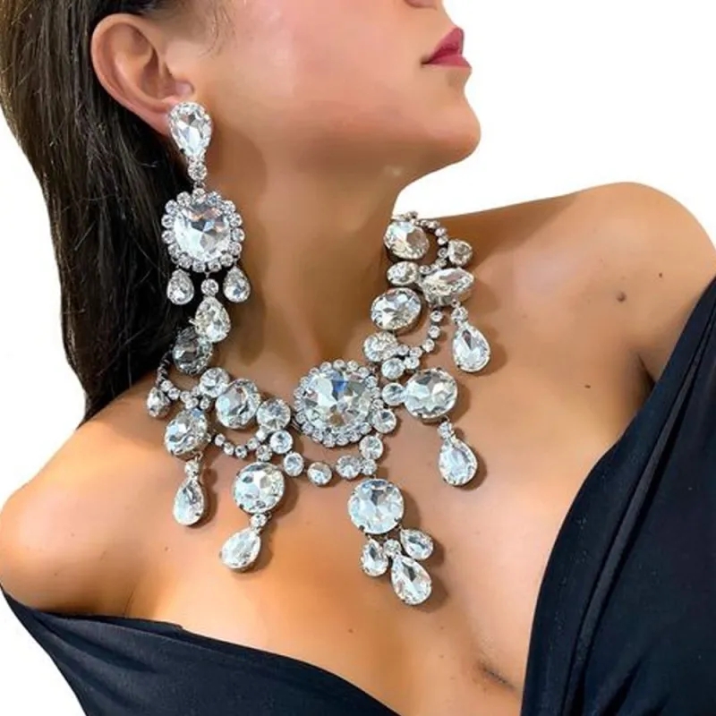 Women Fashion Sexy Big Rhinestone Earrings Necklace 2pcs Set