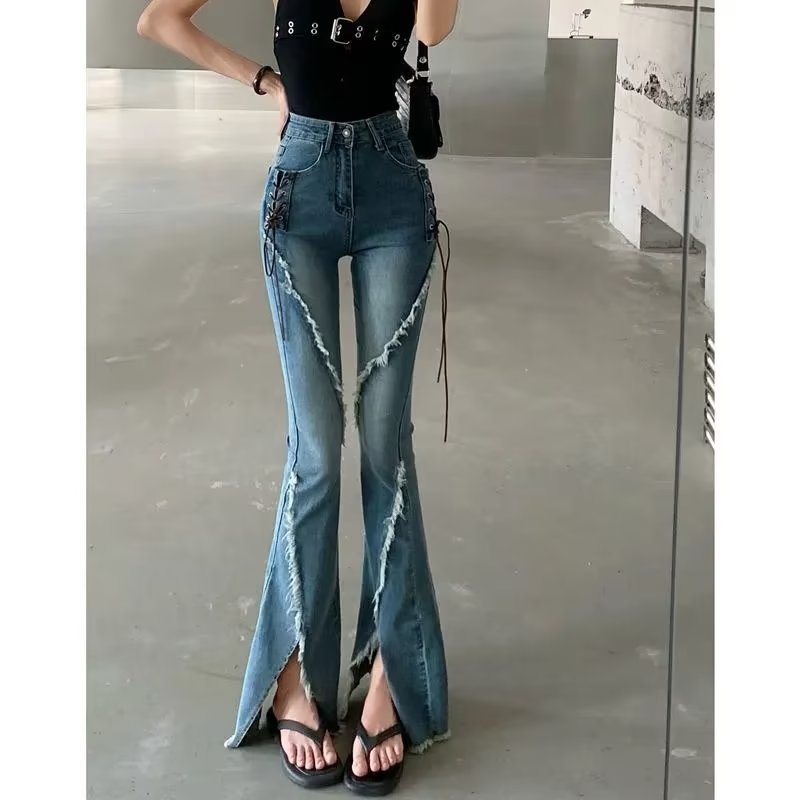 【COLOR iN ID】Tassel slit over denim Wholesale Women Fashion Slit Slim Fit High Waist Raw Edge