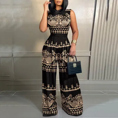 Women Fashion Elegant Office Chic Sleeveless Wide Leg Defined Waist Jumpsuits