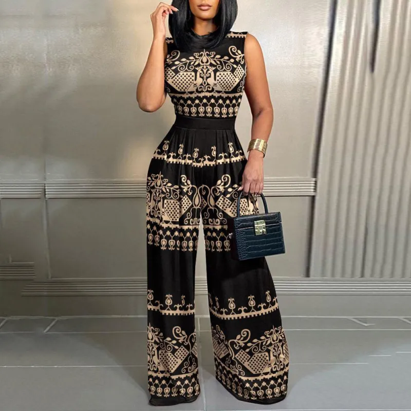 Women Fashion Elegant Office Chic Sleeveless Wide Leg Defined Waist Jumpsuits