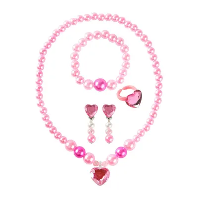 Children Kids Baby Girls Princess Heart-Shaped Rhinestone Necklace Earrings Bracelet Set