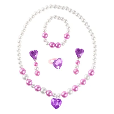 Children Kids Baby Girls Princess Heart-Shaped Rhinestone Necklace Earrings Bracelet Set