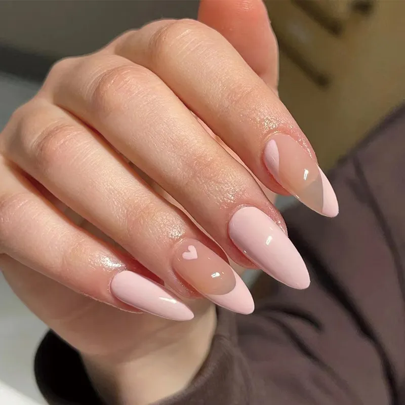 Women Fashion Pink Love Heart Detachable False Nails 24 Pieces