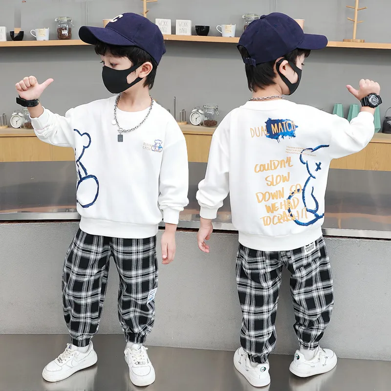 Children Kids Baby Teen Fashion Boys Casual Long Sleeve Bear Letter Print Sweatshirt And Plaid Pants 2pcs Set