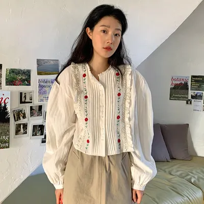 Women Fashion Long Sleeve Flower Round Neck Blouses Top
