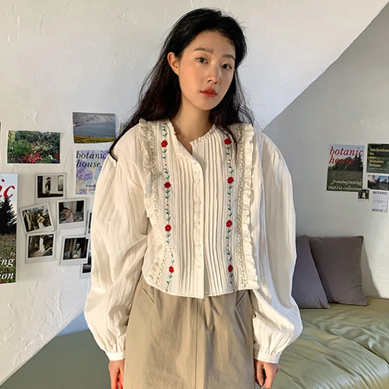 Women Fashion Long Sleeve Flower Round Neck Blouses Top