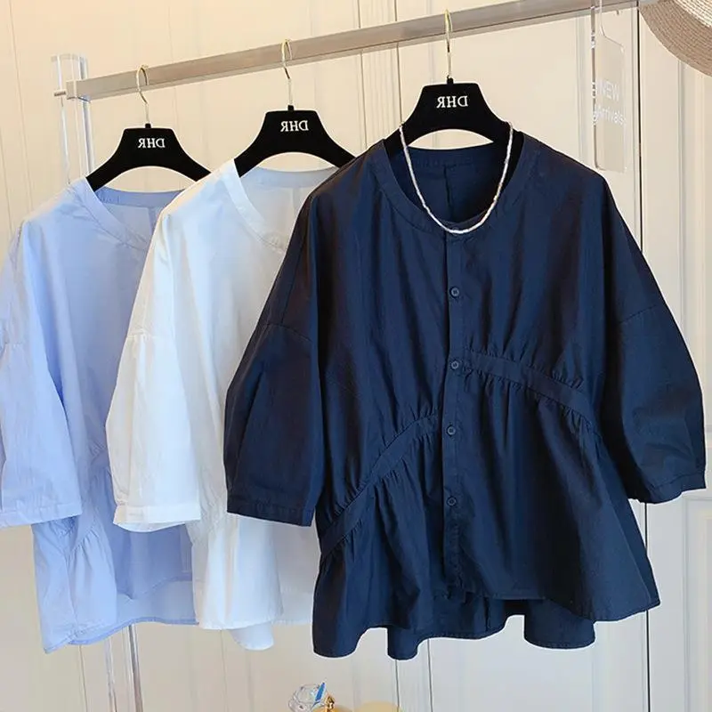 Women Fashion Solid Color Round Neck Casual Blouses Top