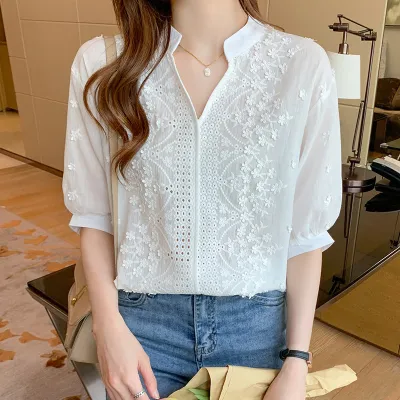 Women Fashion Short Sleeve Embroidery Flower Solid Color T-Shirt Top