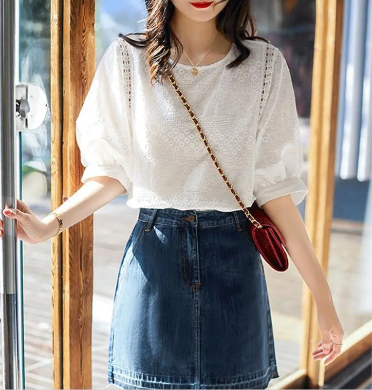 Women Fashion Short Sleeve Lace Flower Solid Color T-Shirt Top