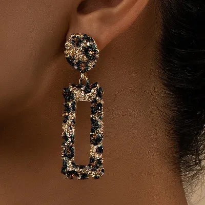 Women Fashion Vintage Rectangle Diamond Earrings Alloy Geometric