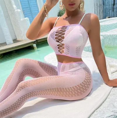 Sexy Women Hollow Mesh Camisole And Pants Nightclub Set