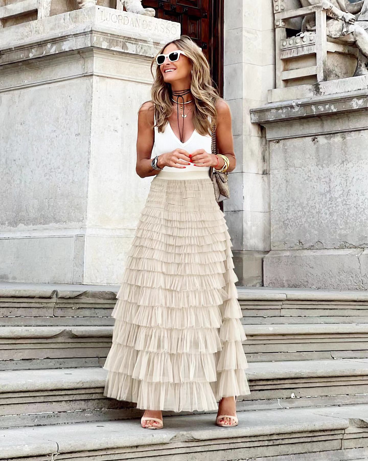 【COLOR iN ID】Glossy mesh layered skirt Women Girl Lace Mesh Skirts Sequin Ruffles Tiered Midi