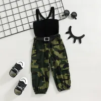 Toddlers Newborn Baby Fashion Girls Sleeveless Solid Color Suspender Top And Camouflage Print Pants 2pcs Set