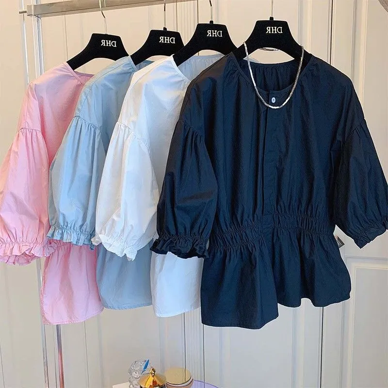 Women Fashion Solid Color Round Neck Blouse Top
