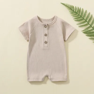 Toddlers Newborn Baby Boys Girls Casual Short Sleeve Solid Color Cotton Button Romper