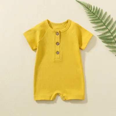 Toddlers Newborn Baby Boys Girls Casual Short Sleeve Solid Color Cotton Button Romper