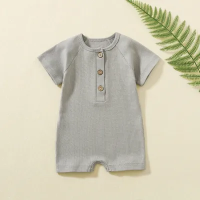 Toddlers Newborn Baby Boys Girls Casual Short Sleeve Solid Color Cotton Button Romper