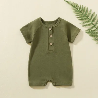 Toddlers Newborn Baby Boys Girls Casual Short Sleeve Solid Color Cotton Button Romper
