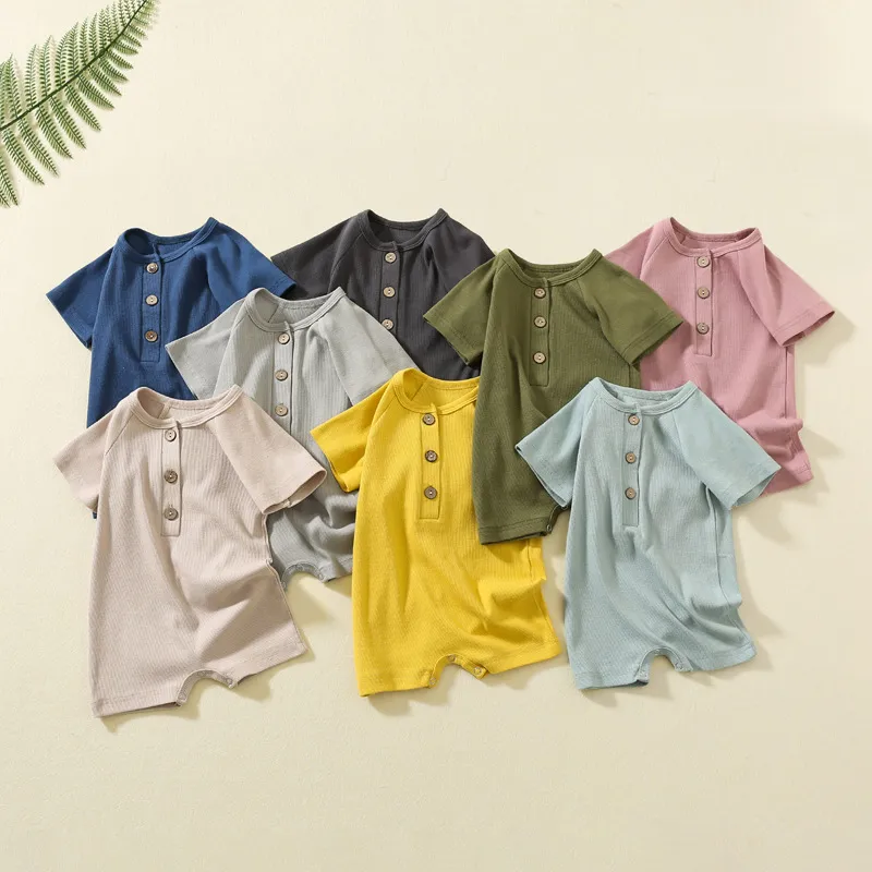 Toddlers Newborn Baby Boys Girls Casual Short Sleeve Solid Color Cotton Button Romper