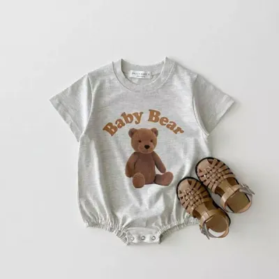 Toddlers Newborn Baby Boys Girls Casual Short Sleeve Cartoon Bear Print Cotton Bodysuit Pullover Unisex