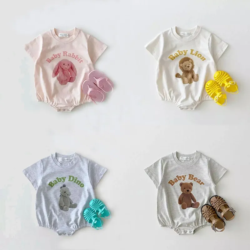 Toddlers Newborn Baby Boys Girls Casual Short Sleeve Cartoon Bear Print Cotton Bodysuit Pullover Unisex