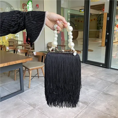 Women Fashion Elegant Pearl Chain Tassel Clutch Evening Bag