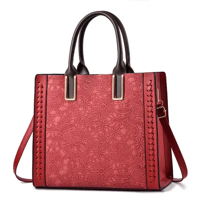 Women Fashion Casual Solid Color Floral Grain Zipper Clutch Shoulder Tote Bag