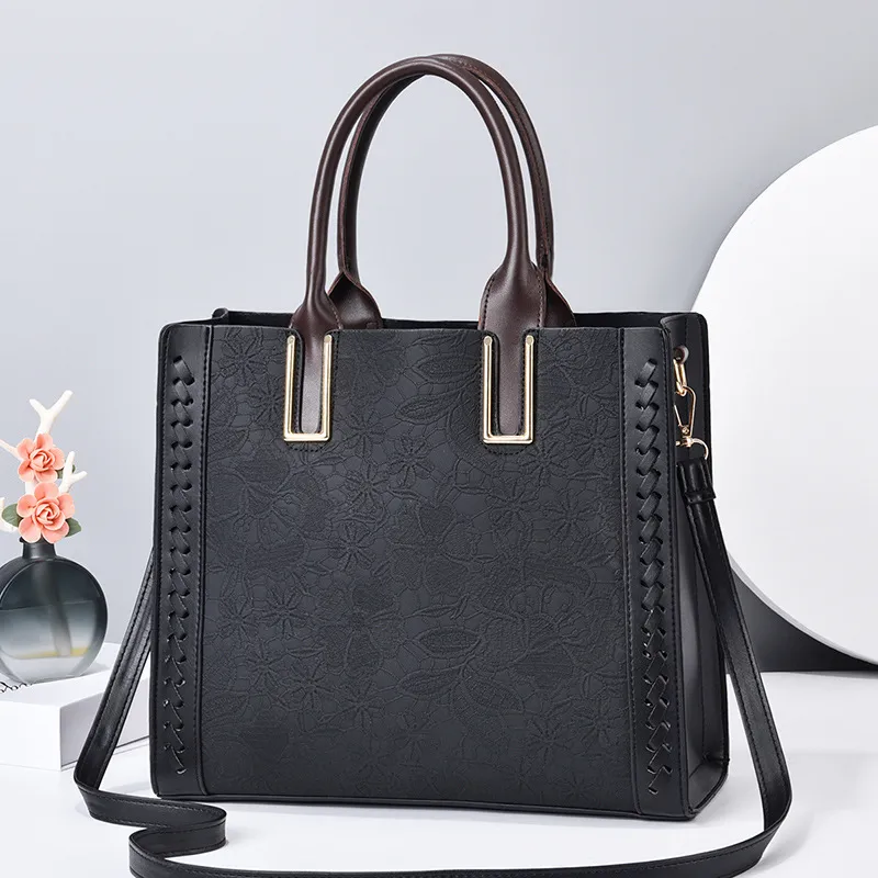 Women Fashion Casual Solid Color Floral Grain Zipper Clutch Shoulder Tote Bag