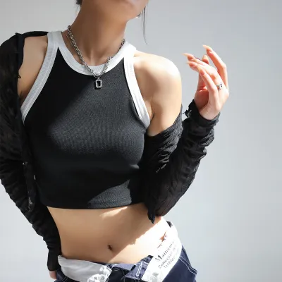 Women Basic Style Color Matching Thread Cotton Sleeveless Pullover Vest