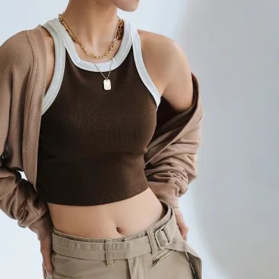 Women Basic Style Color Matching Thread Cotton Sleeveless Pullover Vest